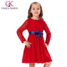 Grace Karin Crianças Crianças Meninas em torno do pescoço Bow-Knot Decorado manga comprida vermelho vestido de renda CL010402-1